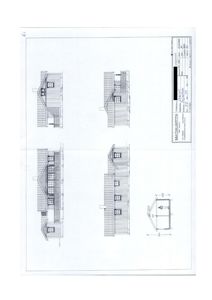 Fasadetegning som viser bygningens utsyn fra fire ulike vinkler (front, side, bak og en skråvinkel), samt et mindre takutsnitt.