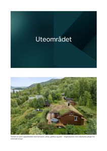 Fotografi av en tomt med en hytte, terrasser og vegetasjon.