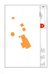 Situasjonsplan som viser tomtens grenser, bygningers plassering, beplantning og veier.