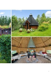 Et collage med tre fotografier av en hytte; øverst til venstre viser tak og omgivelser, øverst til høyre viser hele hytten utenfra, og nederst viser interiøret med peis.