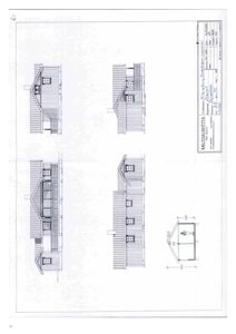 Fasadetegning som viser bygningens utsyn fra fire ulike vinkler (front, side, bak og en detaljert sidevisning).