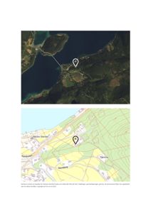 Bildet viser to kart som illustrerer bygningens plassering i forhold til omgivelsene (situasjon). Det øverste er et satellittbilde, mens det nedre er en topografisk karttegning med vegnavn og stedsnavn.