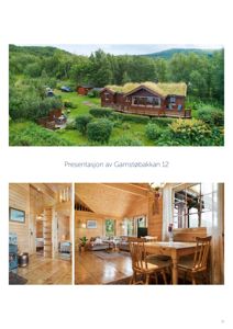 Fotografier av en eksisterende hytte (Gamstøbakkan 12), inkludert utsiden og innvendige rom.