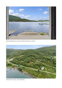Bildet viser to fotografier fra en eiendomsmegning eller salgsannonse. Øverste bilde viser utsikt fra en båtutsett, nederste bilde er et flyfoto av eiendommen og nabolaget.