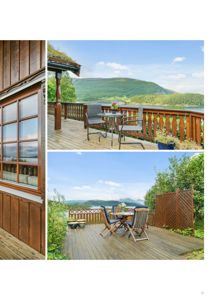 Fotografi av en terrasse med utsikt over vann og fjell. Bildet viser tre separate bilder: et nærbilde av en vindu- og veggmur, et bilde av en terrasse med møbler og utsikt, og et bilde av en terrasse med en skillevegg og utsikt.