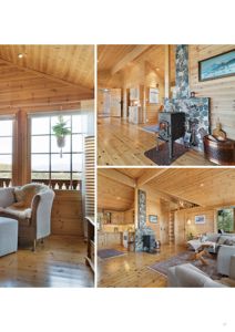 Fotografi av et innvendig rom i en hytte med trepanel, peis og møbler.