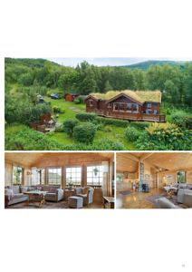 Fotografier av en hytte med grønt tak, sett fra utsiden og innvendig.