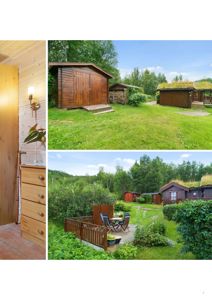 Fotografi som viser en utendørs scene med hytter, gress og trær.