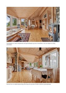 To fotografier som viser innvendig utsikt i en hytte eller bolig, med tekstbeskrivelser om rommet.