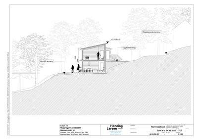 Snittegning som viser bygningens tverrsnitt, høyder, terrengforhold og innvendig oppdeling.