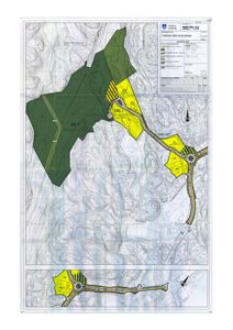 Situasjonsplan som viser tomtens beliggenhet, topografi (konturlinjer), veiforbindelser og inndeling av deler (DEL I, DEL II) med fargekoding for ulike arealer.