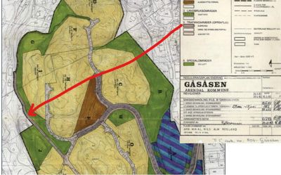 Situasjonsplan (reguleringsplan) som viser tomtens form, områder (landbruk, trafikk, spesialområder) og topografi.