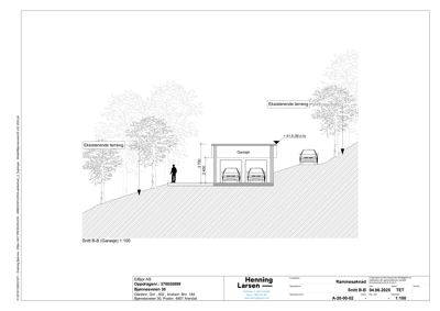 Snittegning (Snitt B-B) som viser tverrsnitt gjennom en garasje, inkludert høyder, terrengforhold og plassering i forhold til eksisterende terreng.