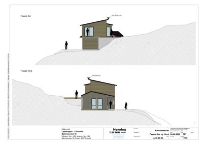 Fasadetegning som viser bygningens utseende sett fra nord og sør, inkludert terrengforhold og høydeangivelser.