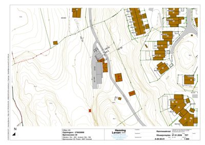 Situasjonsplan som viser tomtens beliggenhet i forhold til nabolag, høydemålerlinjer, veier og eksisterende bygninger.