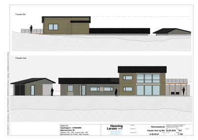 Tegning som viser fasadeopprikk for bygningen sett fra vest og øst.