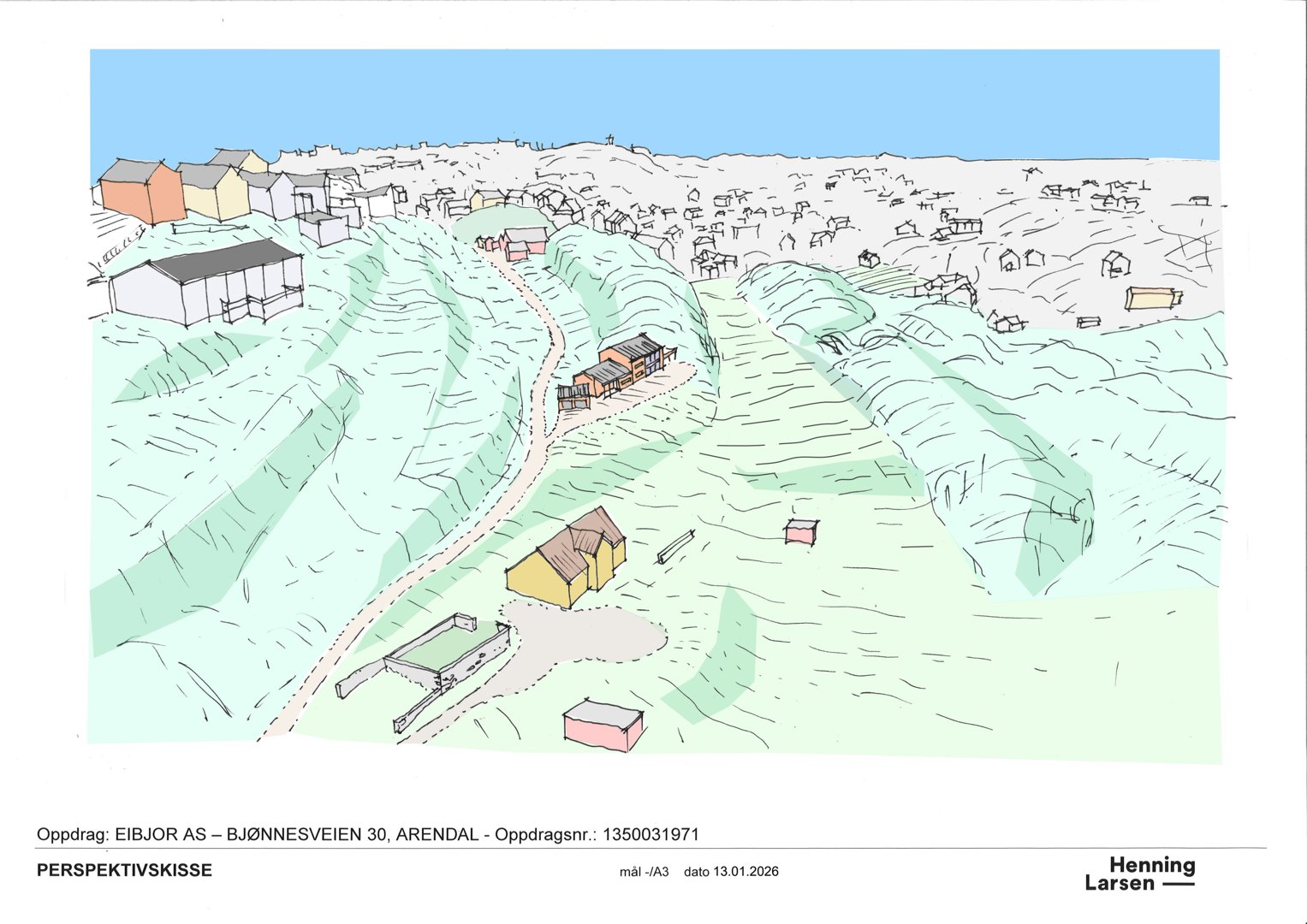 En perspektivskisse (rendering) som viser et forslag til byggeplass med nye hus i forhold til eksisterende bebyggelse og terreng.