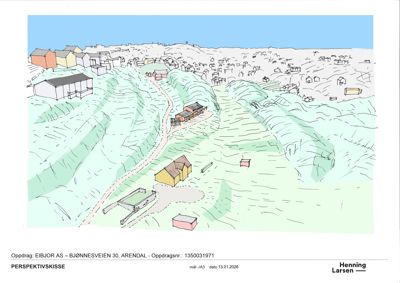 En perspektivskisse (rendering) som viser et forslag til byggeplass med nye hus i forhold til eksisterende bebyggelse og terreng.