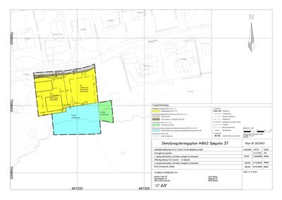 Detaljreguleringsplan for Sjøgata 37 som viser tomtedeling, arealbruk og bygningssoner.