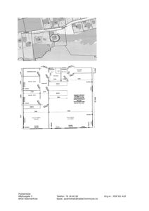 Bildet viser en situasjonsplan (øverst) med tomt og nabolag, samt en detaljert romfordeling eller etasjeplan (nederst) for bygningen.