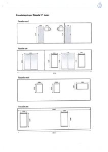 Fasadetegning som viser oppriss av bygningens fire sider (nord, sør, vest og øst) med angitte mål.