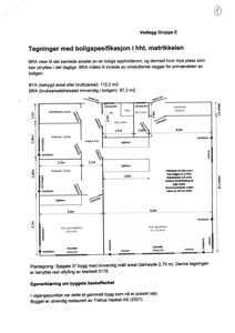 En plantegning som viser romfordeling, mål og areal for en bolig (Sjøgata 37).