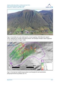 Et kart som viser et kartleggingsområde med overlagte data om treffsannsynlighet for skred (fargekodet) og en bakgrunnskart fra Kartverket.