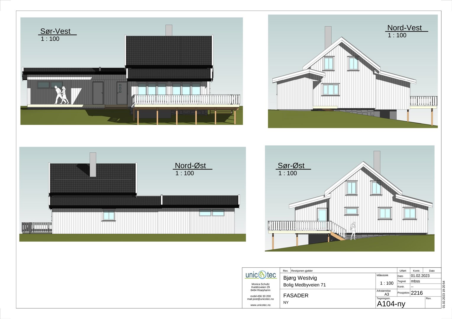 Fasadetegning som viser bygningens utseende fra fire ulike vinkler (Sør-Vest, Nord-Vest, Nord-Øst og Sør-Øst).