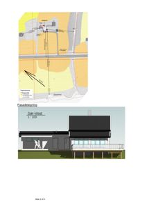 Bildet viser en fasadetekning (Sør-Vest) av en bygning, med en situasjonsplan øverst på siden.