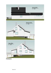 Fasadetegning som viser tre ulike sider av en bygning (Nord-Øst, Nord-Vest og Sør-Øst) med skisse over fasadebehandling.