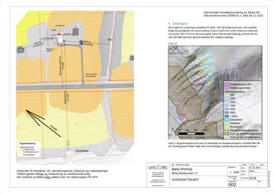 Oversiktskart (situasjonsplan) som viser eiendomsforhold, avstander til strandlinje og naboeiendommer, samt kartleggingsområder for skredfare.