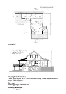 Bildet viser en snittegning (tverrsnitt) av en bolig, inkludert etasjeplan ovenfor og fasadeopprikk nedenfor. Det er også inkludert tekniske mål og noter om planbestemmelser.