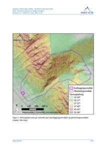 Helningsskart (kart over terrenghelning) som viser kartleggingsområdet og påvirkningsområdet for en skredfarevurdering.