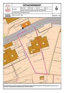 Situasjonskart som viser eiendomsgrenser, bygninger, veier og topografi for Roald Amundsens veg 19B i Ålesund.