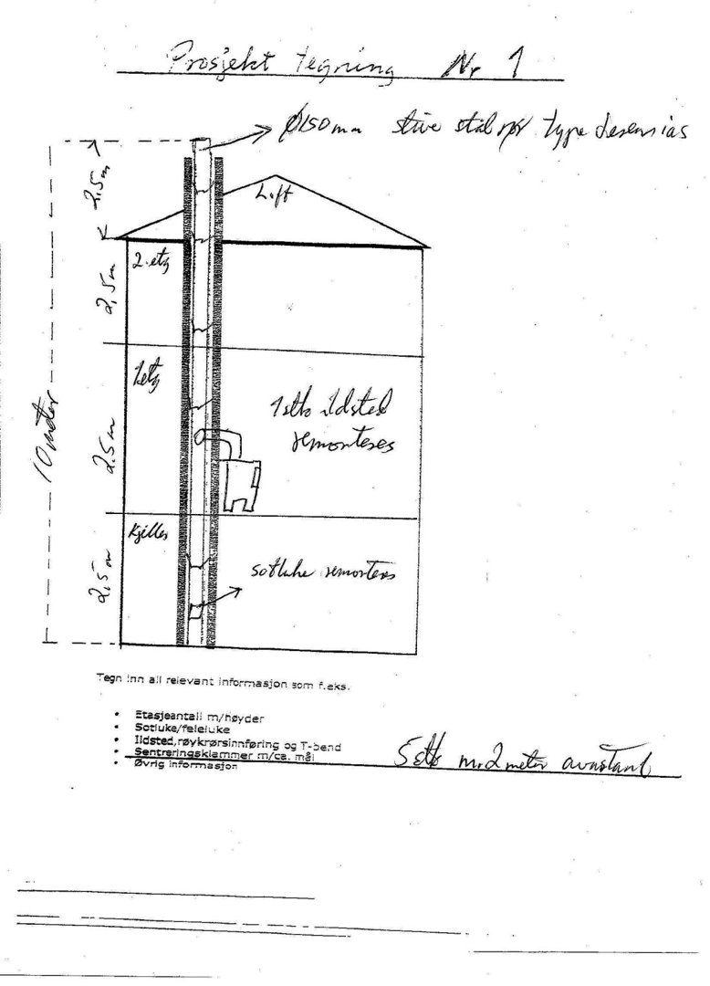 Snittegning som viser bygningens tverrsnitt med etasjer, høyder og installasjoner (lift, ildsted, ventilasjon).