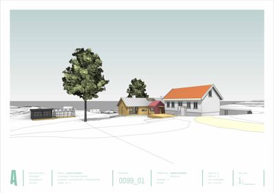 3D-visualisering av et hus med omgivelser, inkludert trær og terreng.