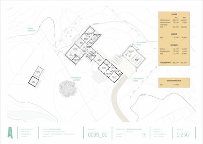 Situasjonsplan som viser tomtens form, eksisterende bebyggelse (bolig, garasje), planlagt nybygging med romfordeling, samt omgivelser og veier.