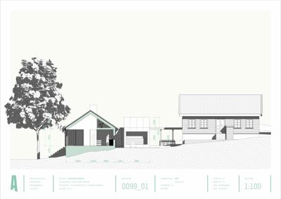 Fasadetegning som viser bygningens utseende sett fra siden, inkludert høyder og mål.