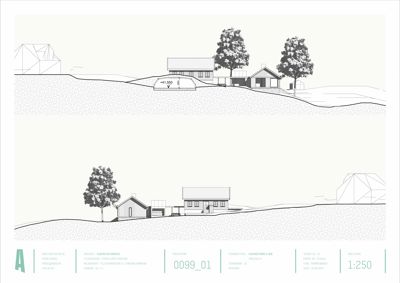 Snittegning som viser bygningens høydeprofil i forhold til terrenget.