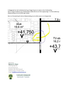 Etasjeplan for en bygning med romareal (stue 19,6 m², TV-stue 16,2 r) og høydemål (+41,750, +43,7). Bildet inneholder også håndtegnede annotasjoner.