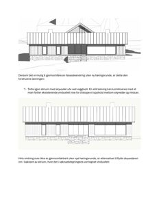 Tegning som viser fasadeoppsett for en bygning, inkludert takform, vinduer og materialer.