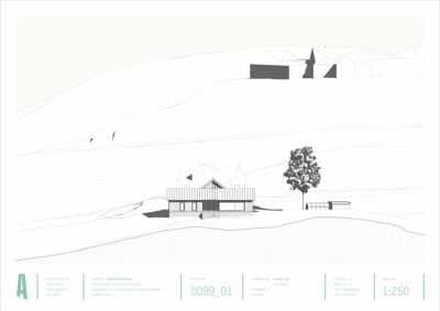 Fasadetegning som viser bygningens utseende fra en bestemt vinkel, inkludert terrengforhold og omgivelsene.