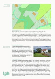 Fotografi av eiendom med bygninger og omgivelser, inkludert tekstbeskrivelse av reguleringsstatus og historikk.