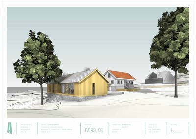 3D-visualisering av en nybygd hus med omgivende natur og nabohus.