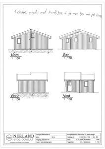 Fasadetegning som viser bygningens utsyn fra alle fire sider (Nord, Sør, Øst, Vest) med vindus- og dørplassering.