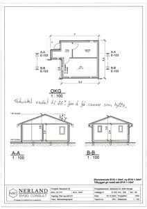 Snittegning (A-A og B-B) av en hytte med oppriss, mål og romfordeling.