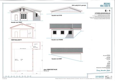 Tegning som viser fasader og snitt av en garasje.