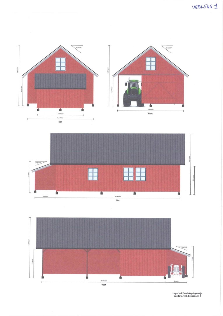Illustrasjon av en rød skurbygning med tak, vinduer og en traktor, vist fra fire sider (Sør, Nord, Øst, Vest) med mål.