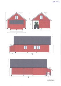 Illustrasjon av en rød skurbygning med tak, vinduer og en traktor, vist fra fire sider (Sør, Nord, Øst, Vest) med mål.