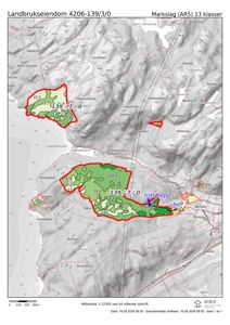 Et kart over en landbrukseiendom som viser topografi, eiendomsnummer (139/7/0), arealdata og en markert byggeplass.